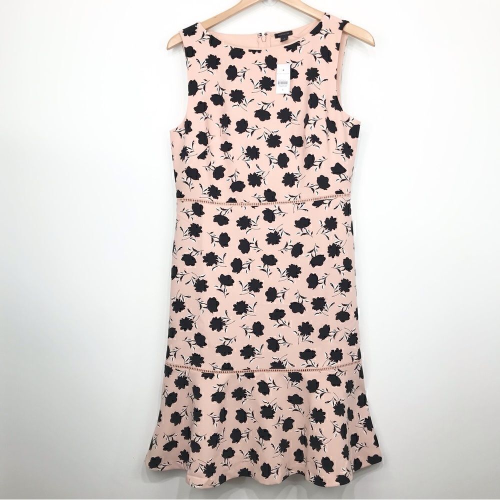 Ann Taylor Pink Black Floral Flounce Hem Sleeveless Sheath Dress NEW